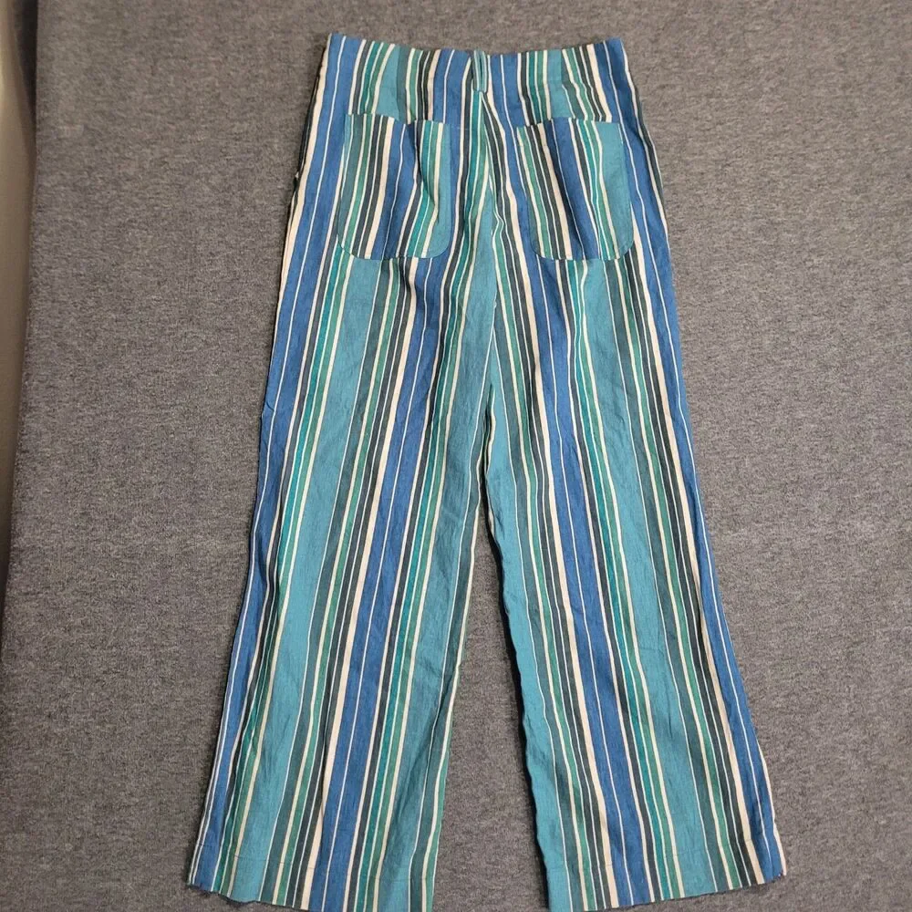 Zara large trousers striped blue zip wide leg linen blend pockets